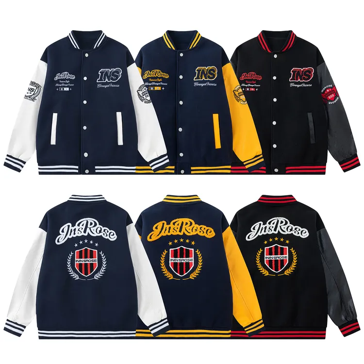 美式复古重工立体毛巾绣毛呢拼接pu皮宽松男女同款夹克棒球服外套