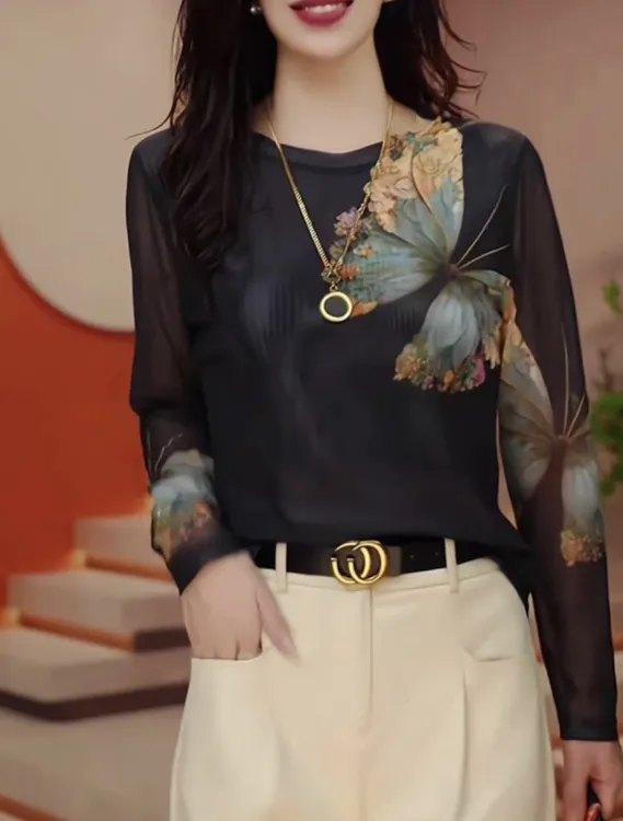 春季圆领双层网纱定位花打底显瘦气质上衣A1301