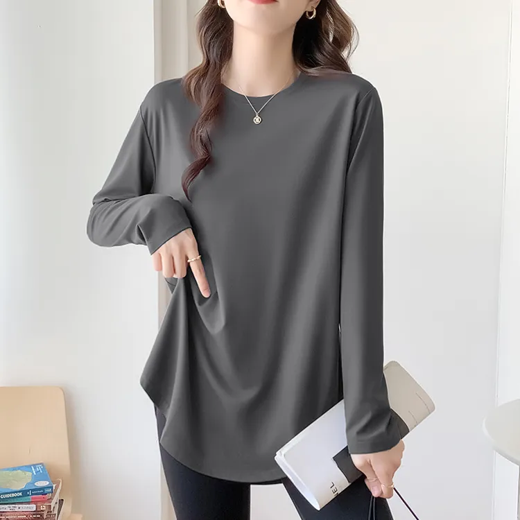 中长款弧形下摆长袖t恤女2024春秋新款显瘦百搭小众上衣内搭打底