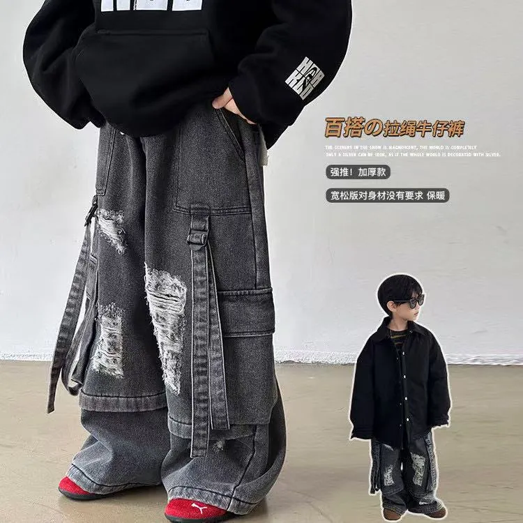 【重工高奢 加绒加厚】2025秋冬新款男女童加绒牛仔裤新款儿童长裤