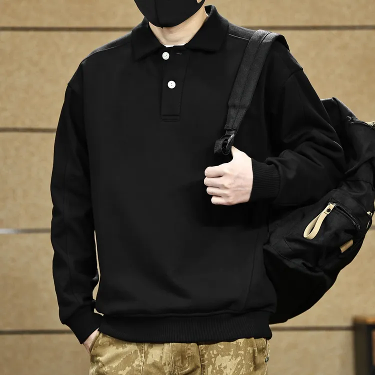 高端重磅380g黑色polo衫男士秋季新款宽松肌理感翻领卫衣男装衣服