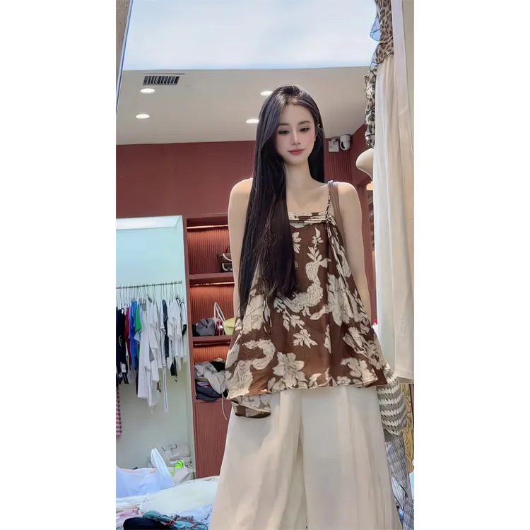 甜美碎花无袖吊带背心独特漂亮上衣拖地阔腿裤宽松显瘦休闲裤夏季