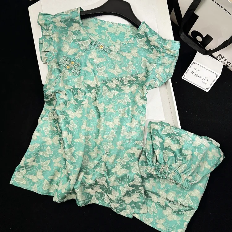 新中式国风荷叶袖夏季睡衣女冰丝薄款复古汉服无袖背心家居服外穿