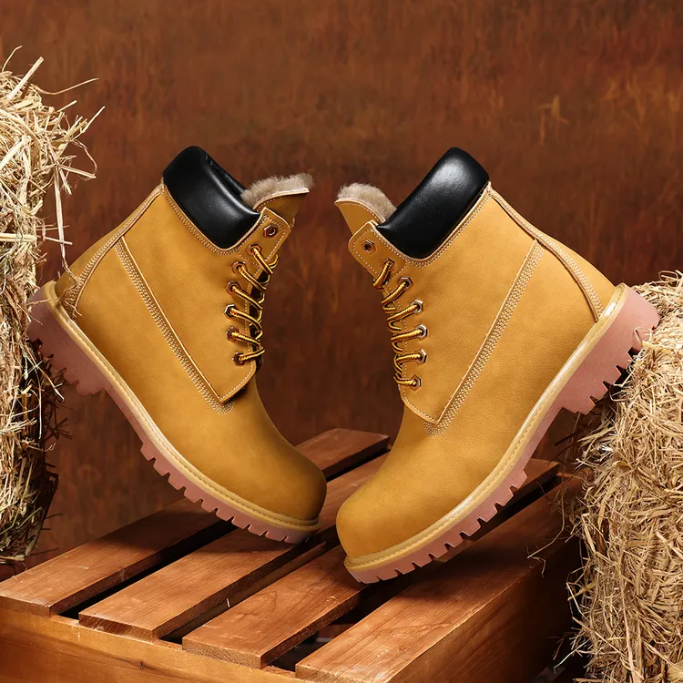 群狼·世家男士大黄靴冬季羊毛保暖中帮英伦马丁靴美式加绒工装靴1