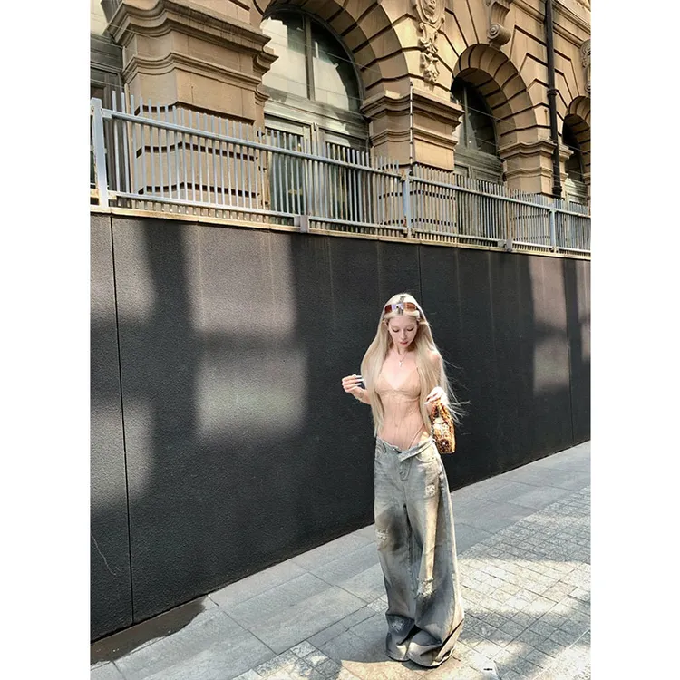 2025夏季新款法式镂空性感抹胸连体上衣辣妹宽松阔腿牛仔裤两件套