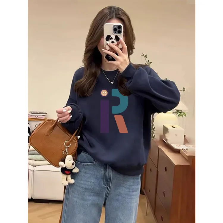 圆领套头打底衫加绒加厚卫衣女2025秋冬新款宽松韩版外套春秋薄款