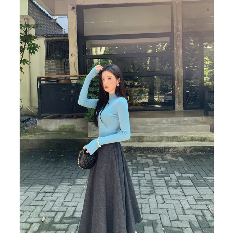 ADA MISS时髦人字纹羊毛A字大摆中长款半身裙灰色伞裙女秋季新款