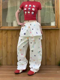 B10-3白色“多彩爪印”长裤（加屁帘）（8189）