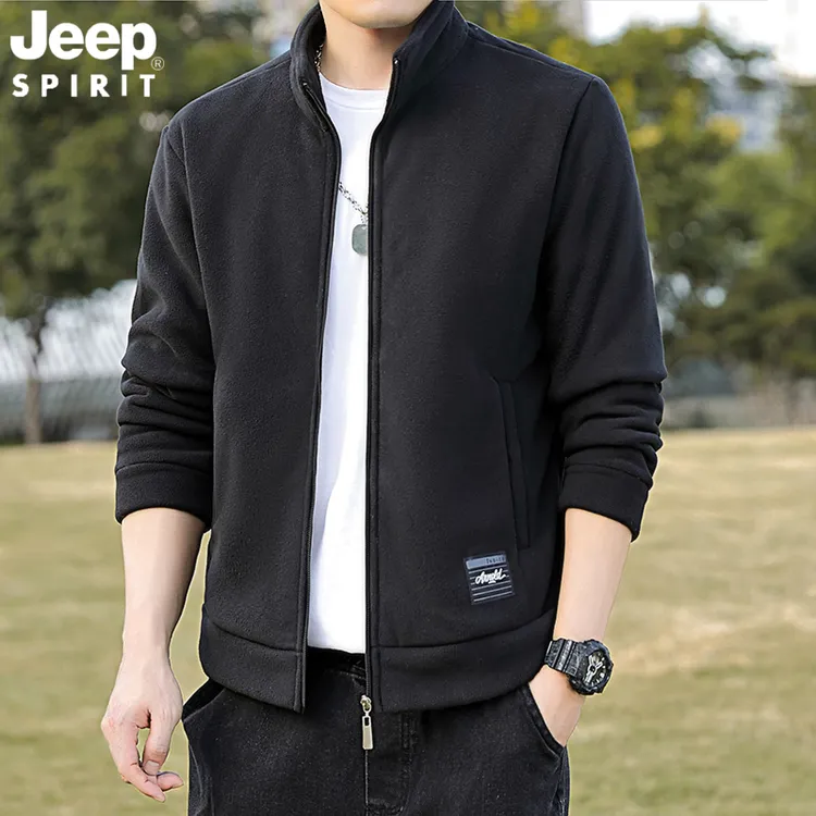 JEEP男士加绒外套秋冬季开衫休闲百搭立领夹克时尚摇粒绒加厚保暖
