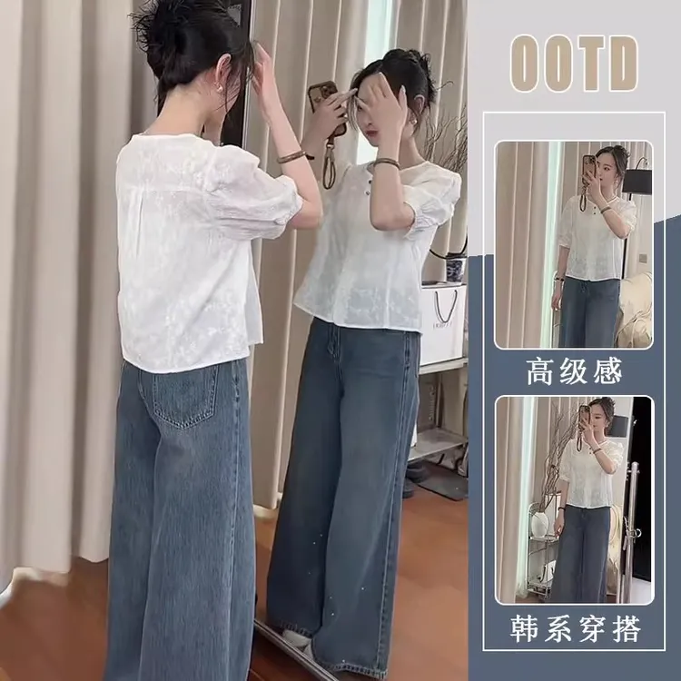 2025夏季新款时尚韩系设计感泡泡短袖衬衫女高腰阔腿牛仔裤两件套