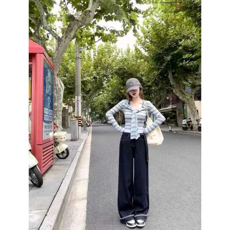 休闲风设计感披肩撞色条纹长袖针织衫女装秋季宽松垂感百搭长裤潮