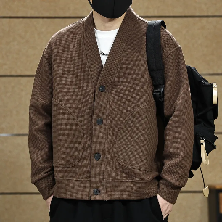 秋季新款复古华夫格开衫卫衣男潮流重磅470g宽松休闲v领外套男装 