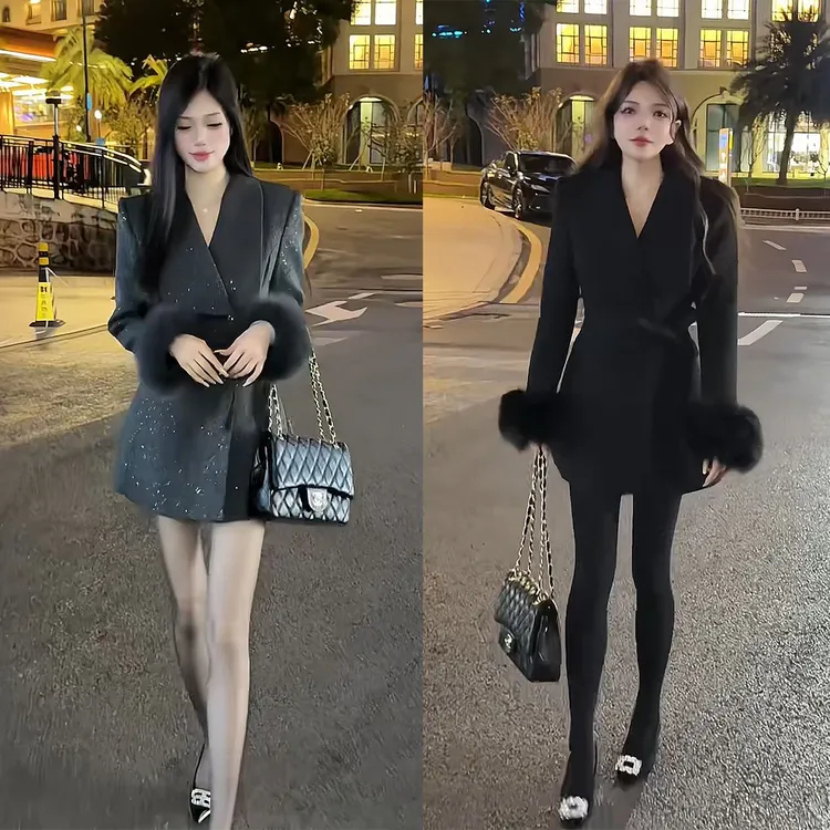 80867时尚百搭毛呢外套法式千金风袖口狐狸毛 加厚翻领中长款上衣