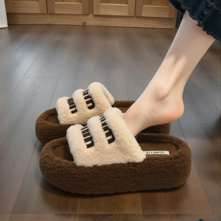 【羊羔绒】厚底毛毛拖鞋女外穿2025新款秋冬加绒拼色防滑软底棉拖