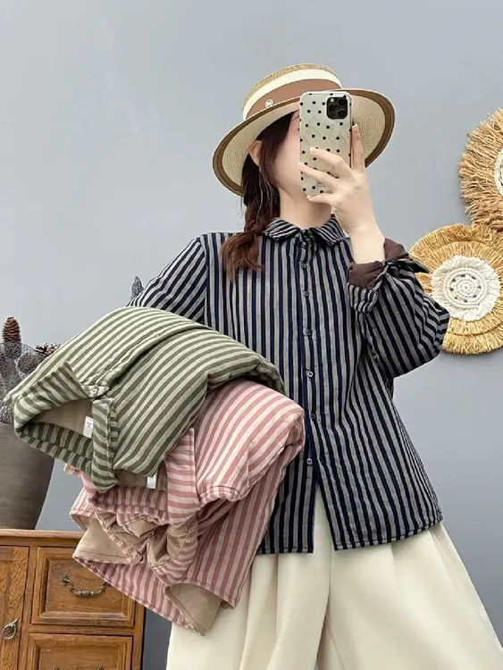 86587【条纹加棉衬衫衬衣】新款百搭文艺翻领条纹衬衫保暖小棉衣