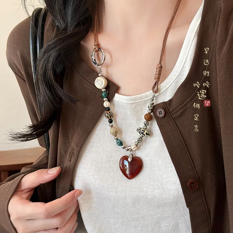 铜布艺项链 复古爱心串珠长款项链女款波西米亚毛衣链民族风配饰