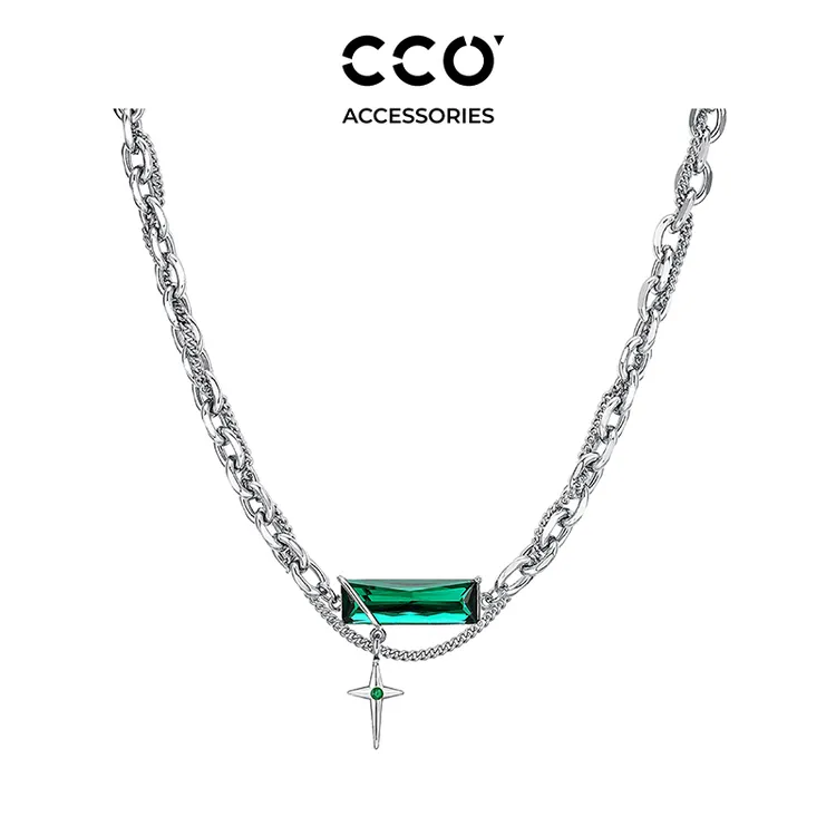 Cirocco 钛钢锆石项链 原创设计男潮冷淡风绿色锆石拼接项链男款
