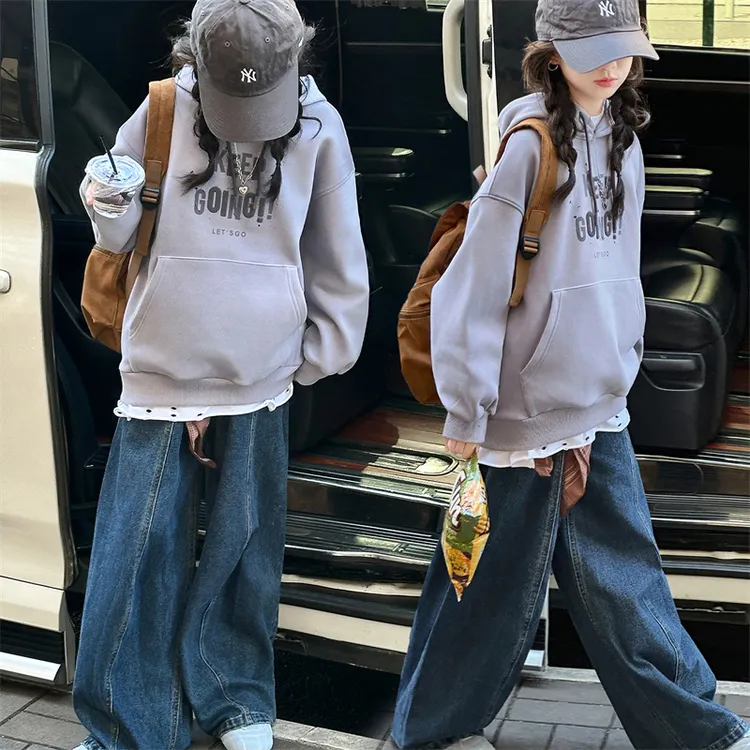 女童秋季卫衣套装2025休闲连帽字母慵懒风6-14岁儿童宽松韩系酷飒