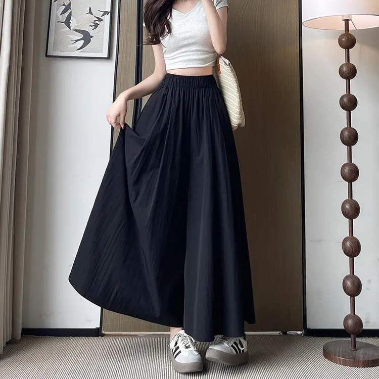 黑色山本裙裤女2025新款夏季薄款a字百褶长裙垂感小个子宽松裤裙