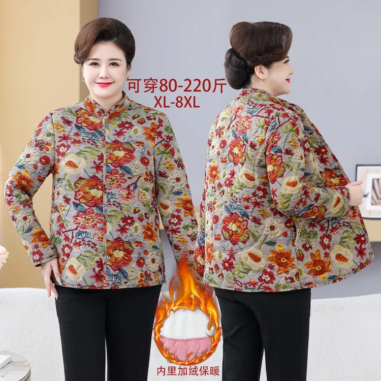 妈妈冬季加绒加厚新款碎花加大加肥棉袄中老年棉衣保暖口袋外套
