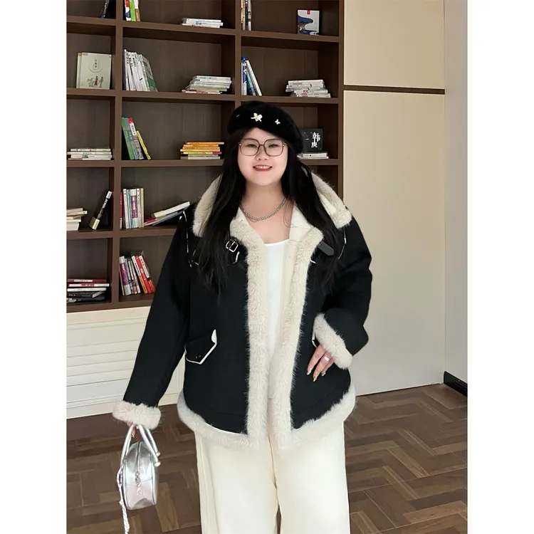 花契“星湖漫游”大码女装秋季百搭200斤胖mm时尚毛毛外套13607-X