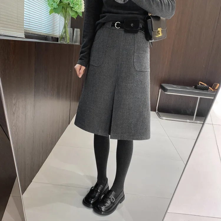 IMFLY金小金自制女装 半身裙DYQ813秋冬气质开叉高腰毛呢半裙