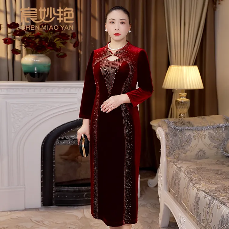 宸妙艳气质女装修身显瘦高贵优雅金丝绒改良旗袍大码妈妈装连衣裙