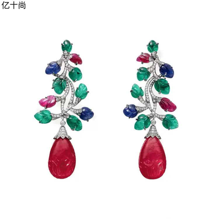 925银莫桑石耳饰 亿十尚缤纷红萃水滴高档纯银耳环高贵大气奢华