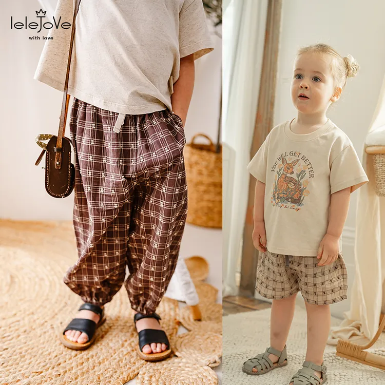 lelejove男女宝夏季薄款束脚防蚊裤透气肌理感复古格纹裤5AU52253