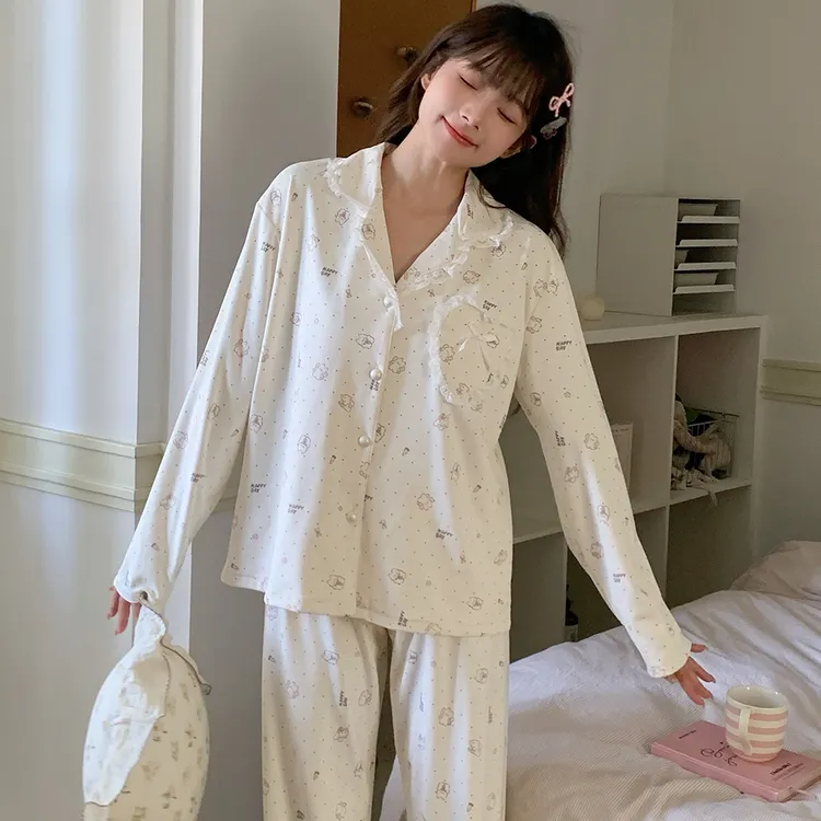 韩系少女秋冬新款睡衣女双面海岛绒长袖长裤甜美休闲家居服套装