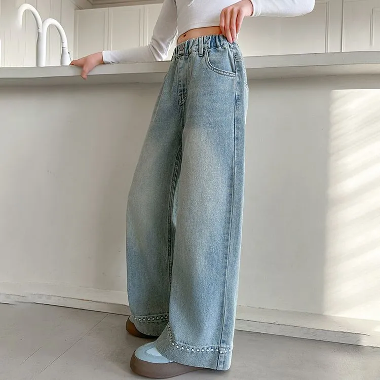 新品巴拉巴拉女童牛仔阔腿裤2025春秋新款中大童宽松洋气儿童学生