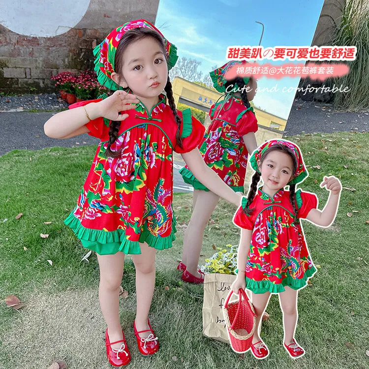 小兔花朵透气棉女童夏季短袖短裤套装中小童可爱大花花样头巾送礼