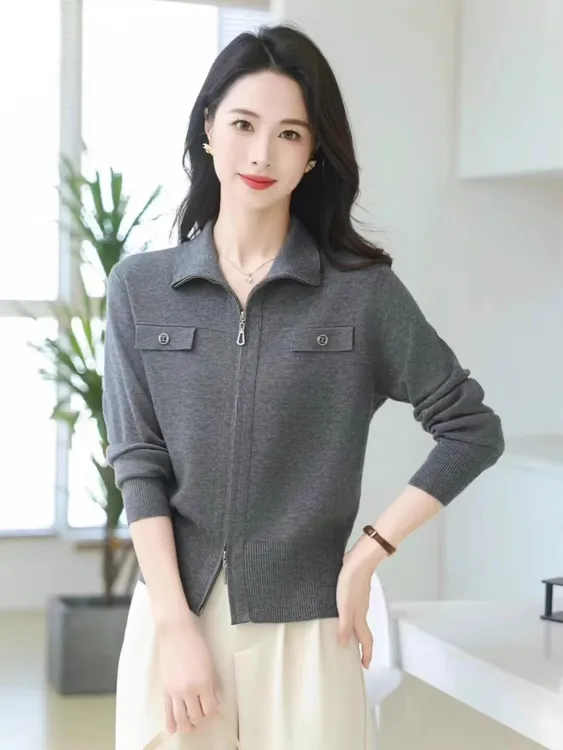 灰色桐乡毛衣开衫外套女款爆款2025新款洋气拉链针织上衣羊毛衫