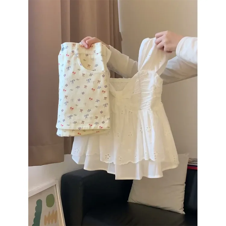 韩系甜美温柔风白色上衣女夏季新款高腰显瘦蝴蝶结印花短裙子套装