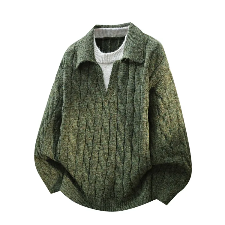 冬季新款男士假两件潮男翻领百搭撞色毛衣加厚针织衫男复古毛衣