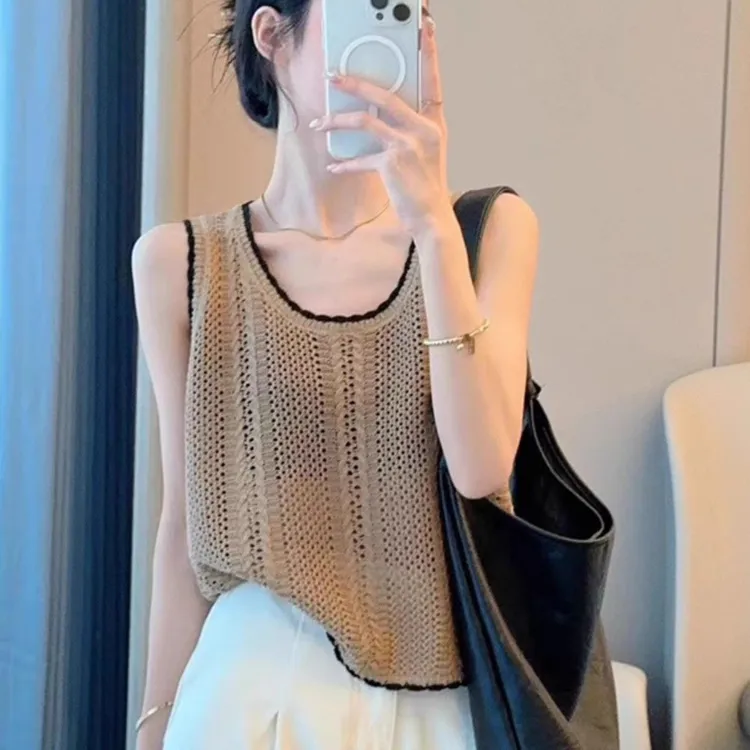 韩系别致薄款镂空针织小背心吊带女夏季新款宽松坎肩无袖T恤上衣