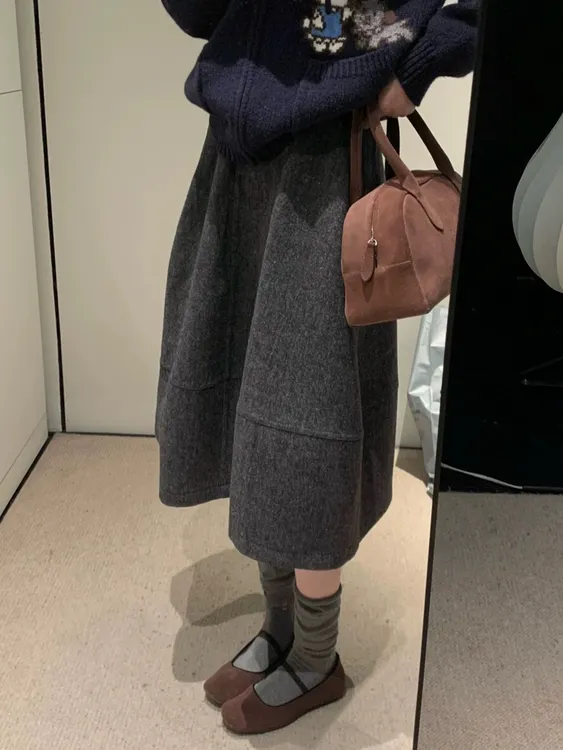 复古毛呢A版半身裙女秋冬新款韩系极简压褶显瘦中长裙子气质高腰