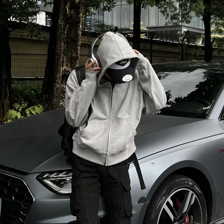 美式cleanfit短款纯色连帽重磅开衫卫衣男女秋冬加厚宽松外套同款