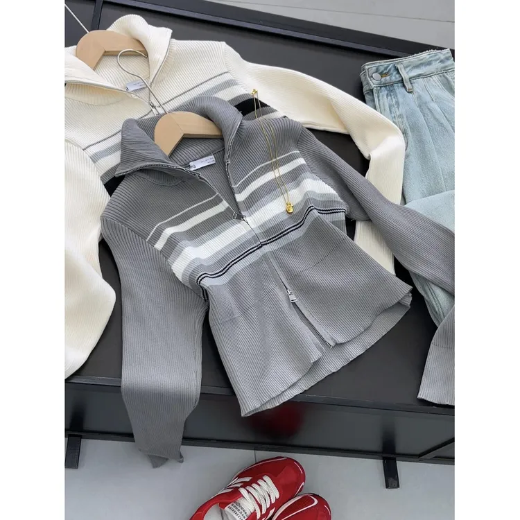 针织新款秋冬高货设计感双拉链撞色条纹修身显瘦针织开衫女