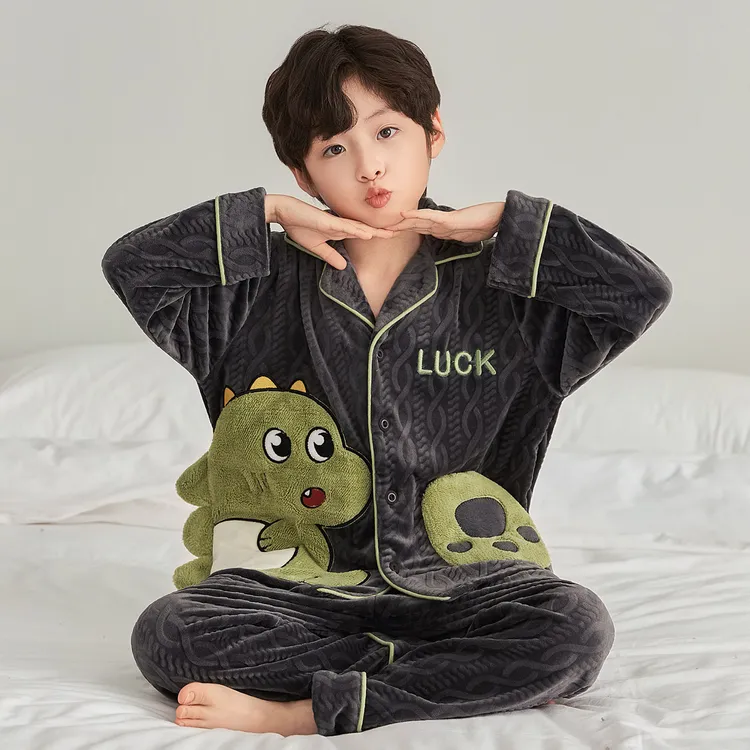 海岛绒男童睡衣加绒加厚秋冬季珊瑚绒小男孩中大童儿童冬款家居服
