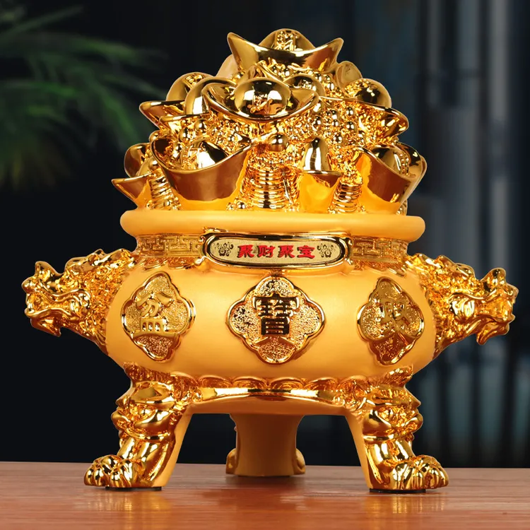 绒沙金聚宝盆客厅办公室装饰摆件创意树脂工艺品商务开业礼品