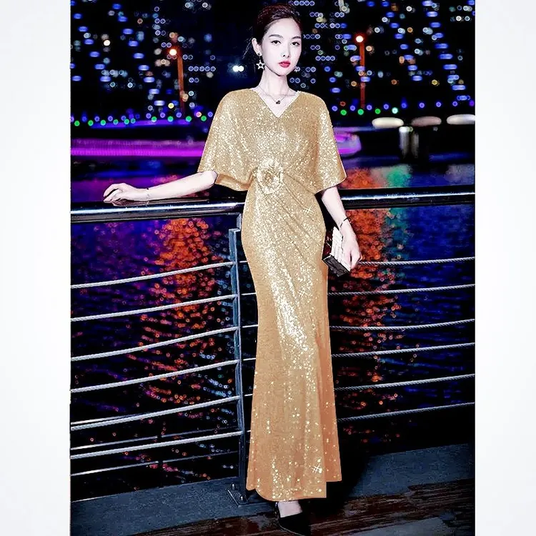 金色晚礼服主持人礼服新款气质高档高贵婚宴喜婆婆妈妈装