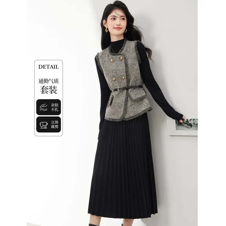 小香风百褶裙套装女2025秋冬宽松休闲皮上衣中长款连衣裙两件套