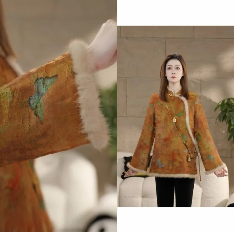 Miss.Z【水貂炫彩蝴蝶】新中式人丝浮雕拼水貂显瘦夹棉外套#w1075