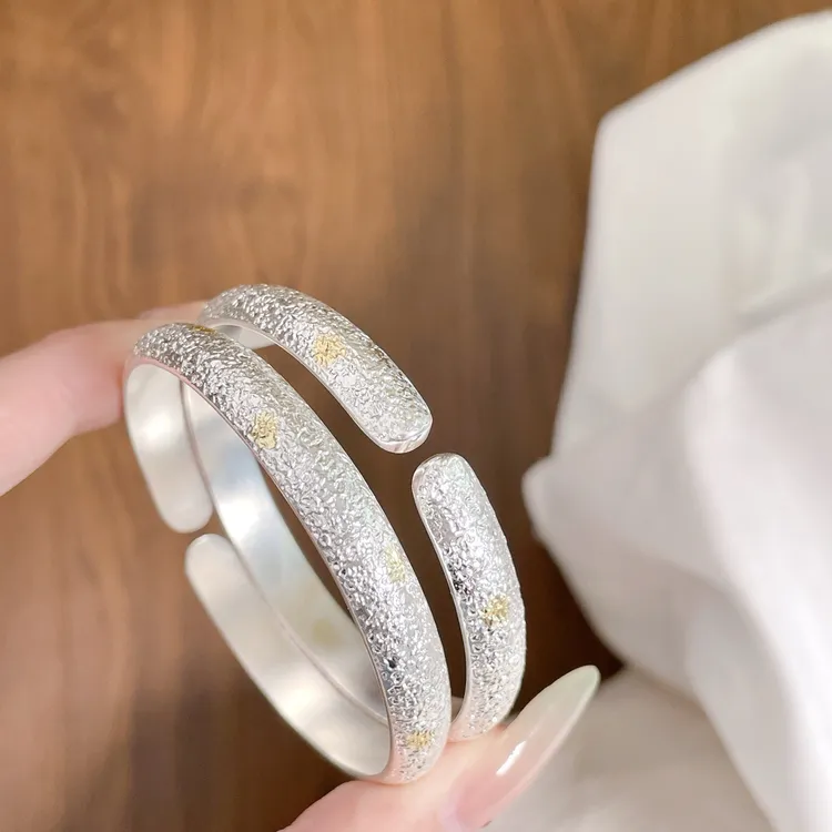 足银手镯 可调节足银999.9复古锤纹开口手镯情侣手工镯子约37.9g