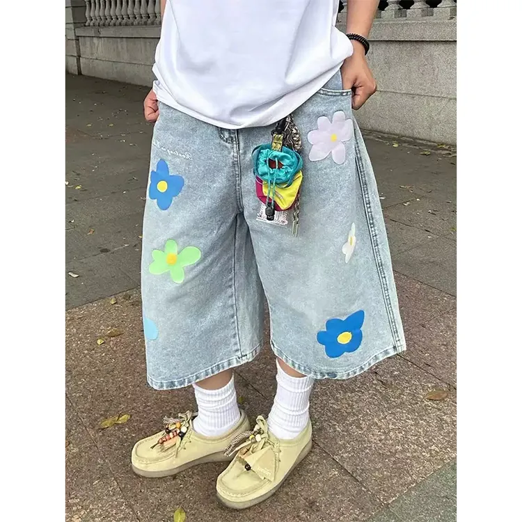 浅蓝色美式高街牛仔七分裤夏季刺绣提花设计感休闲宽松阔腿裤男款