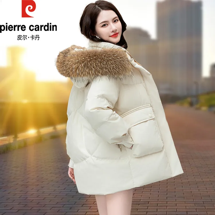 【官方】皮尔卡丹白鸭绒羽绒服女2025新款冬季爆款中长款大毛领外套