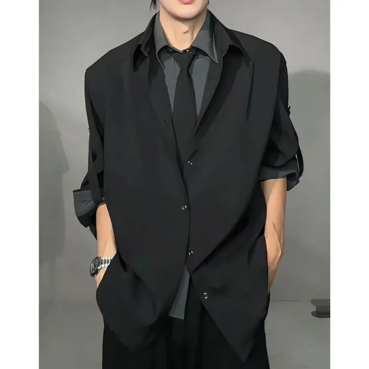 黑色假两件双层长袖衬衫男款秋季美式复古通勤西装松弛感防晒衬衣