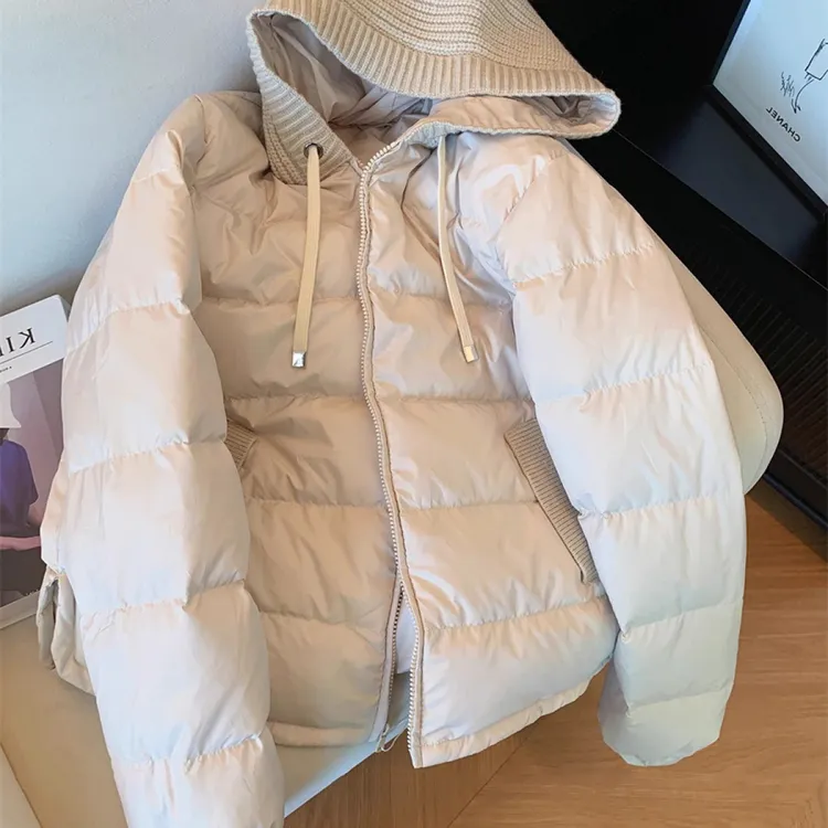 学院风针织拼接抽绳连帽棉服外套2025秋冬休闲高街复古百搭棉衣潮