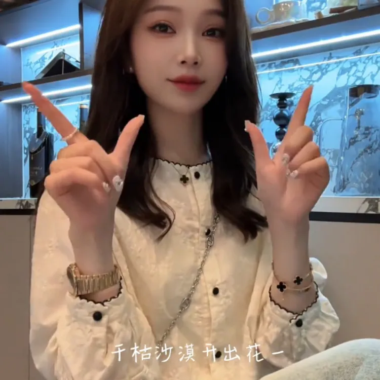 设计感刺绣圆领长袖法式衬衫春秋季洋气宽松气质防晒上衣